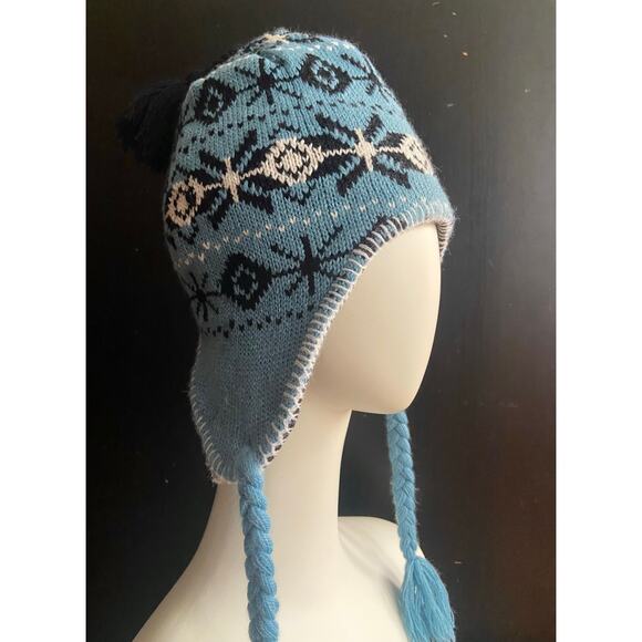 Blue/Black/White Fleece Lined Winter Beanie w/Tassels sz OS (Unisex) - Picture 3 of 7